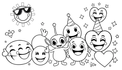 Una placa para colorear con un sol sonriente, un helado con alas y varios emoticonos felices.