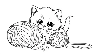 Placa de color de un gatito jugando con ovillos de lana.