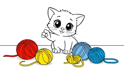 Placa de color de un lindo gatito jugando con ovillos de lana.