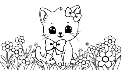 Placa de color de un lindo gatito kawaii con lazo rodeado de flores.
