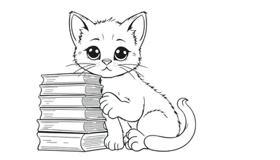 Placa de color de un gatito leyendo libros.