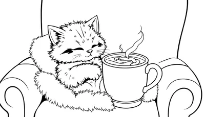 Un gatito dormido en una silla junto a una taza de café, listo para colorear en la placa de color.