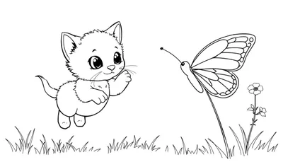 Gatito jugando con una mariposa en un prado, listo para colorear en esta placa de color.