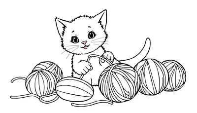 Placa de color de un gatito juguetón rodeado de ovillos de lana.