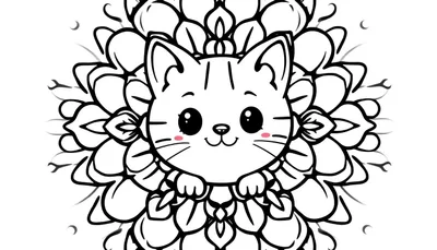Una placa de color para colorear con un gato kawaii rodeado de flores.