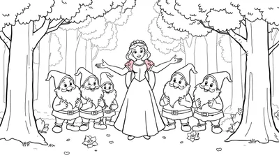 Placa de color de Blancanieves y cinco enanitos sonriendo en el bosque.