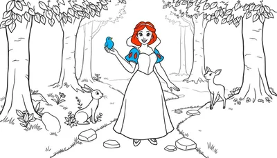 Placa de color de Blancanieves en el bosque con animales.