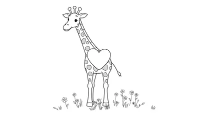 Una placa de color de una jirafa amigable con un corazón en blanco y negro.
