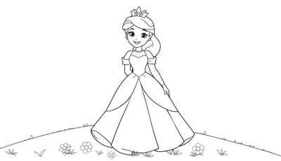 Una princesa de dibujos animados sonriente con un vestido y corona, sobre un campo de flores para colorear en una placa de color.
