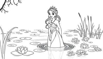 Placa de color de Tiana sonriendo en un pantano con luciérnagas y flores.