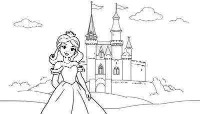 Placa de color de una princesa sonriente frente a un castillo.