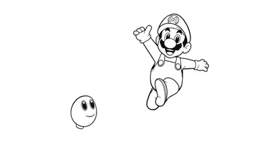 Una página para colorear en blanco y negro de Mario saltando con un Goomba sonriente.
