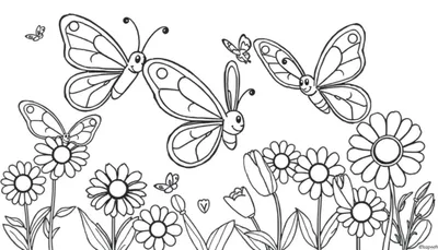 Placa de color de un jardín con flores y mariposas.