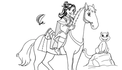 Placa de color de Mulán en un caballo con Mushu