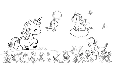 Placa de color con unicornio y dragones adorables en un mundo de fantasía.
