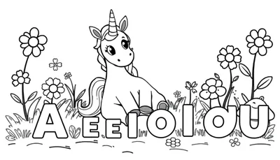 Placa de color de un lindo unicornio sentado entre flores con el texto 'Aeiolou'.