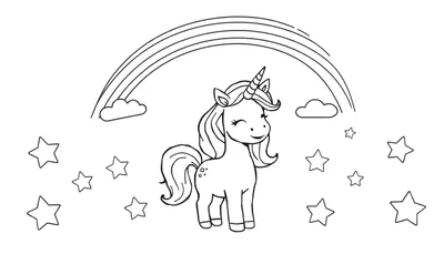 Placa de color de un unicornio caricaturesco con un arcoíris y estrellas.