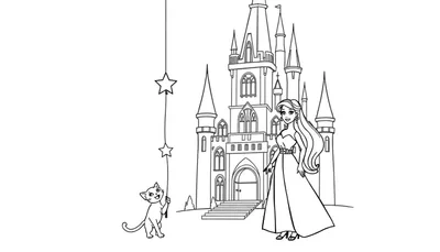 Página para colorear de Barbie soñando con un castillo mágico con un gatito, lista para añadir color a la placa de color.