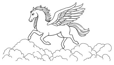 Placa de color de un Pegaso blanco y negro volando entre nubes.