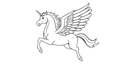 Placa de color de un unicornio alado blanco y negro.
