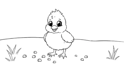 Un pollito juguetón de dibujos animados en blanco y negro con grandes ojos y un cuerpo redondo, buscando semillas en un campo con hierba y granos. Esta es una placa de color para colorear.