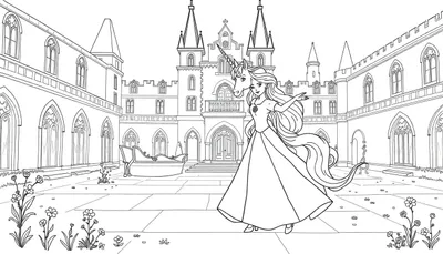 Placa de color de una princesa y un unicornio en un castillo.