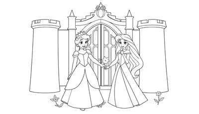 Placa de color de dos princesas tomadas de la mano frente a un castillo, una con corona y pelo largo, con flores.