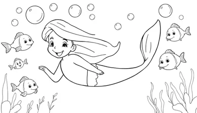 Placa de color de una sirena sonriente nadando con peces y burbujas