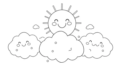 Dibujo de placa de color de un sol sonriente y nubes amigables.