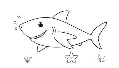Un tiburón sonriente listo para ser coloreado, con burbujas y una estrella de mar.