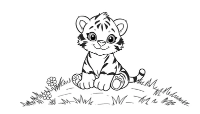 Placa de color de un tierno cachorro de tigre estilo caricatura sentado en una colina de hierba, listo para ser coloreado.