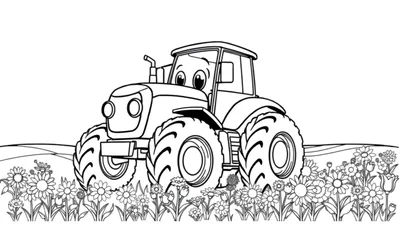 Placa de color de un tractor sonriente con grandes ruedas en un campo de flores.