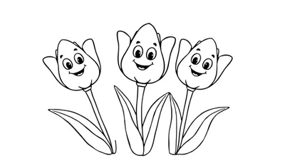 Placa de color con tres tulipanes sonrientes de dibujos animados, un dibujo para colorear.