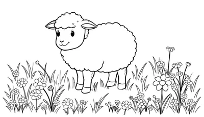 Oveja sonriente en un prado de flores, página para colorear.