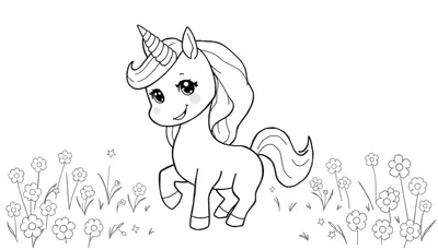 Página para colorear de un unicornio sonriente con contornos gruesos y flores, lista para la placa de color.