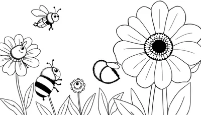 Placa de color con tres flores sonrientes y abejas felices.