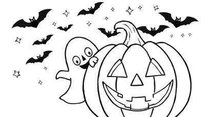 Placa de color de Halloween con un fantasma amigable detrás de una calabaza sonriente.
