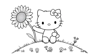 Hello Kitty sosteniendo un girasol en una placa de color.