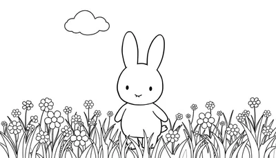 Miffy, un conejo en blanco y negro, rodeado de flores, listo para ser coloreado en una placa de color.