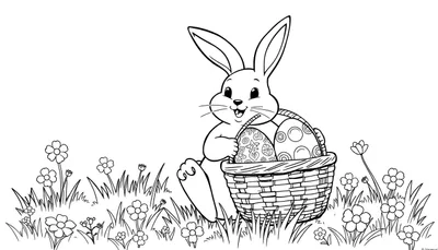 Placa de color con un lindo conejito de Pascua sentado junto a una cesta llena de huevos decorados.