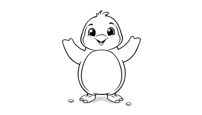 Placa de color de un lindo pingüino sonriente con las alas abiertas.