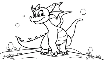 Dibujo lineal de un dragón amigable de dibujos animados listo para colorear, con texto que dice 'Spyro el dragón juguetón, listo para colorear. ¡Un mundo de aventuras te espera en blanco y negro!'