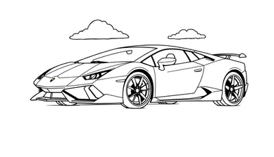 Placa de color de un coche deportivo Lamborghini para colorear con líneas gruesas, con dos nubes en el cielo.