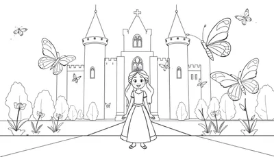 Una princesa sonriente con una tiara se encuentra en un camino frente a un castillo con tres torres. Mariposas revolotean alrededor de la escena en esta placa de color para colorear.
