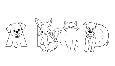 Placa de color con animales del abecedario: un perrito para la A, un conejito para la B, un gato para la C y un perro con corbata para la D.