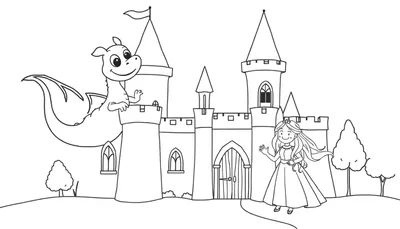 Placa de color de un castillo con dragón y princesa.