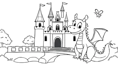 Placa de color de un castillo medieval con un dragón amistoso y un puente levadizo.