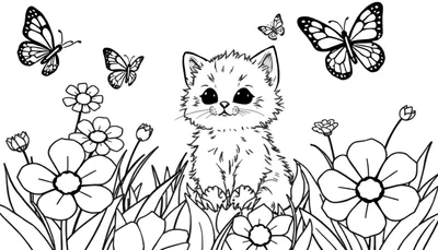 Placa de color de un gatito adorable con mariposas y flores.