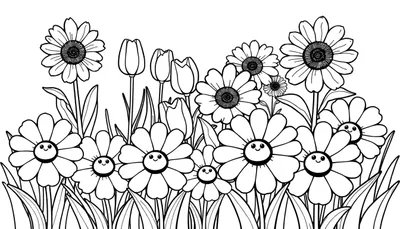 Una placa de color de un jardín de flores sonrientes, incluyendo margaritas y tulipanes, rodeado de hierba.