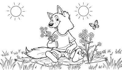 Una placa de color con el dibujo de un lobo amistoso sentado en un campo de flores.